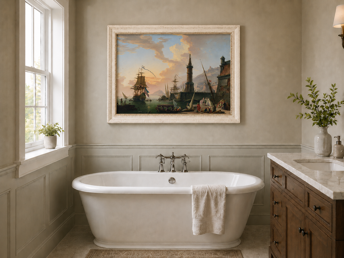 Maritime port with lighthouse landscape oil painting presented as interior home decor.