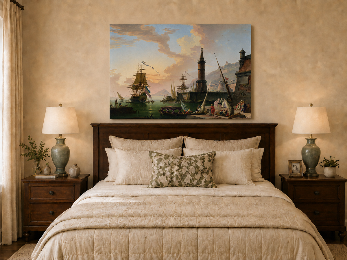 Maritime port with ships oil painting displayed as landscape wall decor.