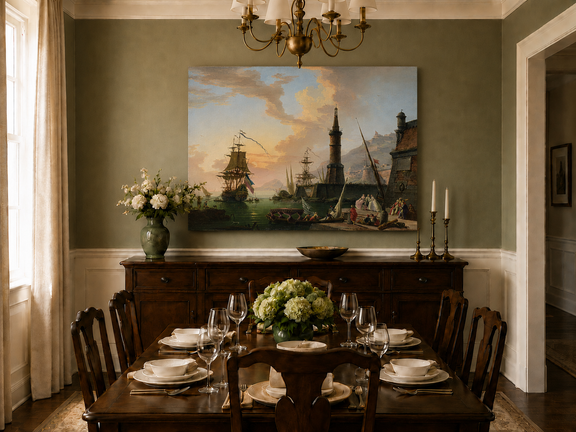 Hand-painted maritime lighthouse and ships landscape artwork in an interior display.