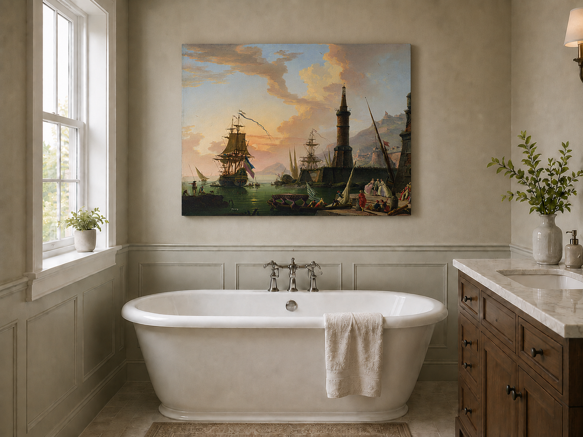 Maritime port with lighthouse and ships landscape oil painting presented as styled home decor.