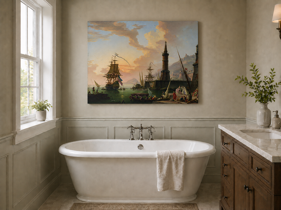 Maritime port with lighthouse and ships landscape oil painting presented as styled home decor.