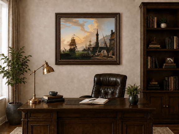 Maritime harbor with lighthouse and ships landscape oil painting presented in an interior wall art mockup.