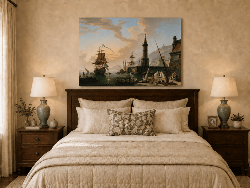 Maritime port with ships oil painting displayed as landscape wall decor.