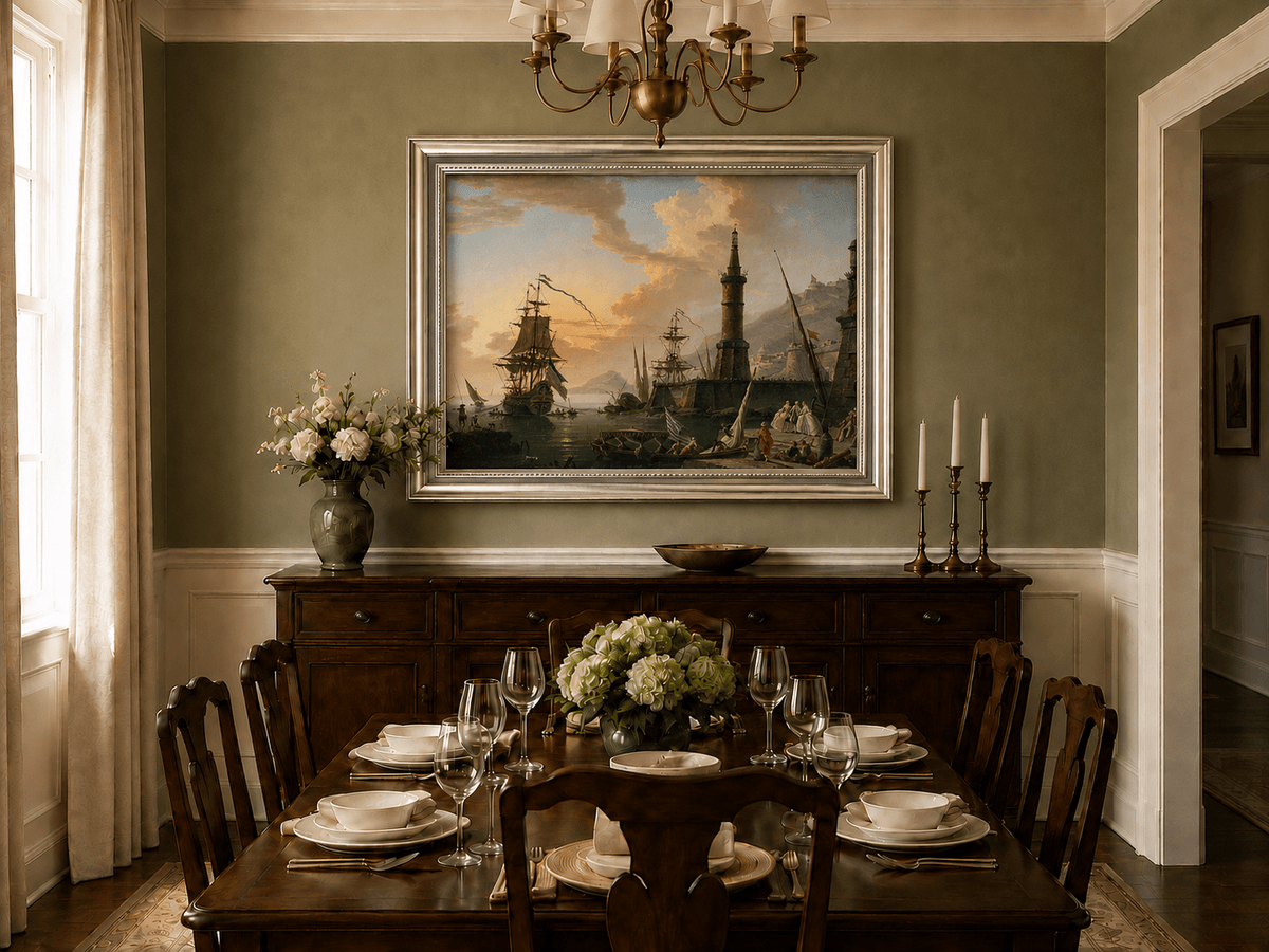 Maritime port and sailing ships oil landscape artwork shown in a styled home interior.