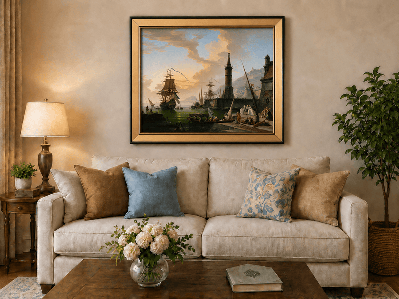 Maritime port with lighthouse and ships landscape oil painting displayed in a styled home interior.
