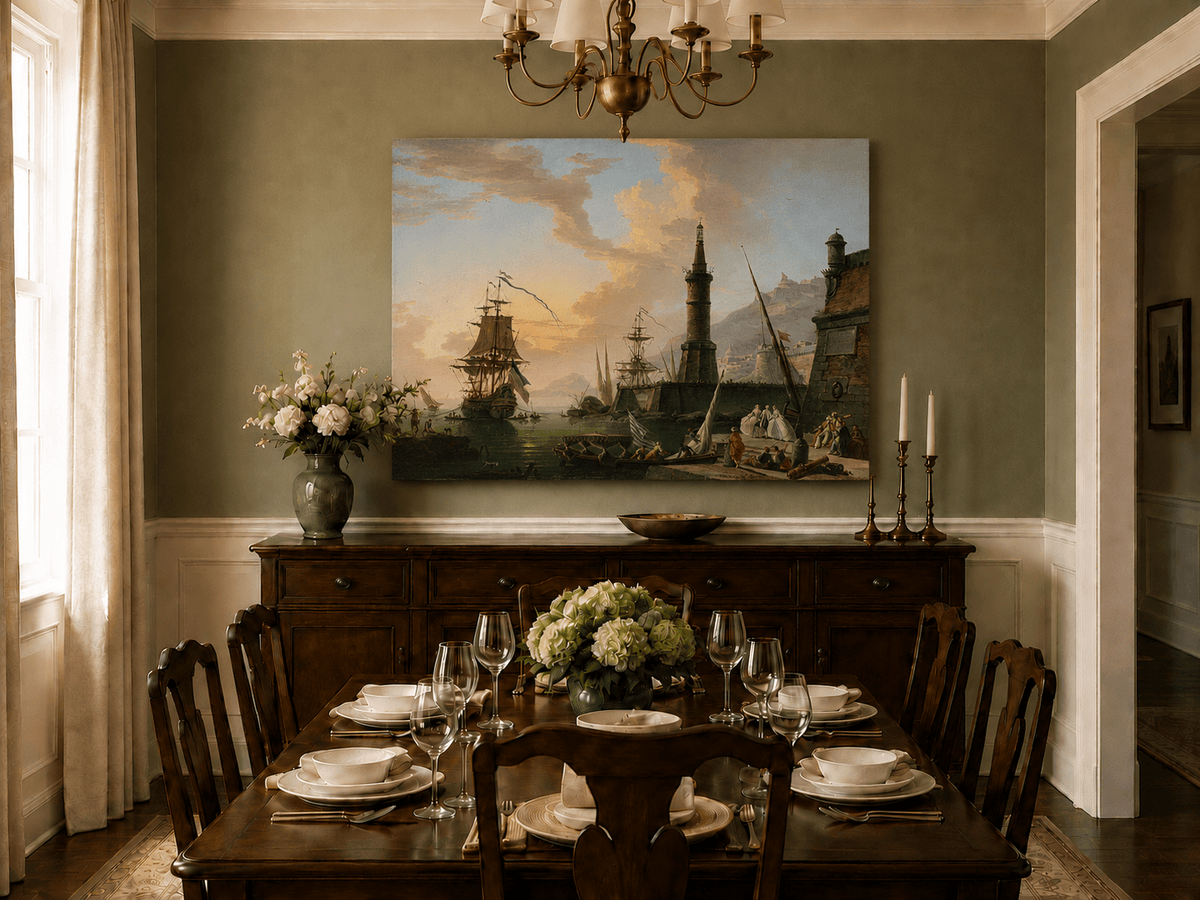 Hand-painted maritime lighthouse and ships landscape artwork in an interior display.
