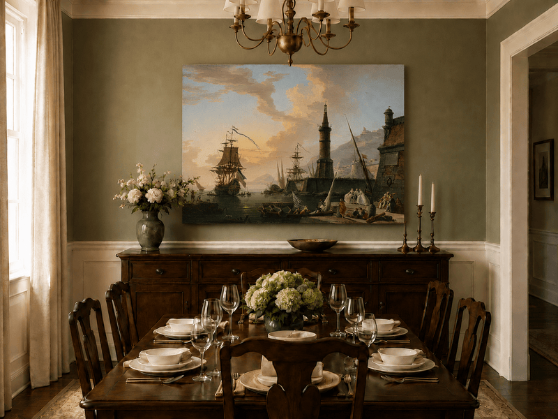 Hand-painted maritime lighthouse and ships landscape artwork in an interior display.