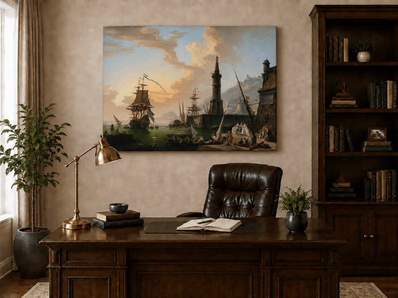 Interior wall art view featuring a maritime port with lighthouse and ships oil painting.
