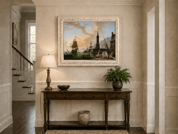 Maritime port with lighthouse and sailing ships hand-painted oil artwork shown as home wall decor.