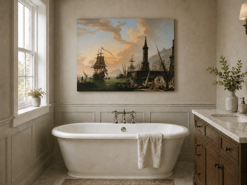 Maritime port with lighthouse and ships landscape oil painting presented as styled home decor.