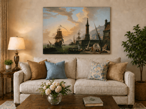 Maritime harbor and ships hand-painted oil artwork displayed in a second interior view.