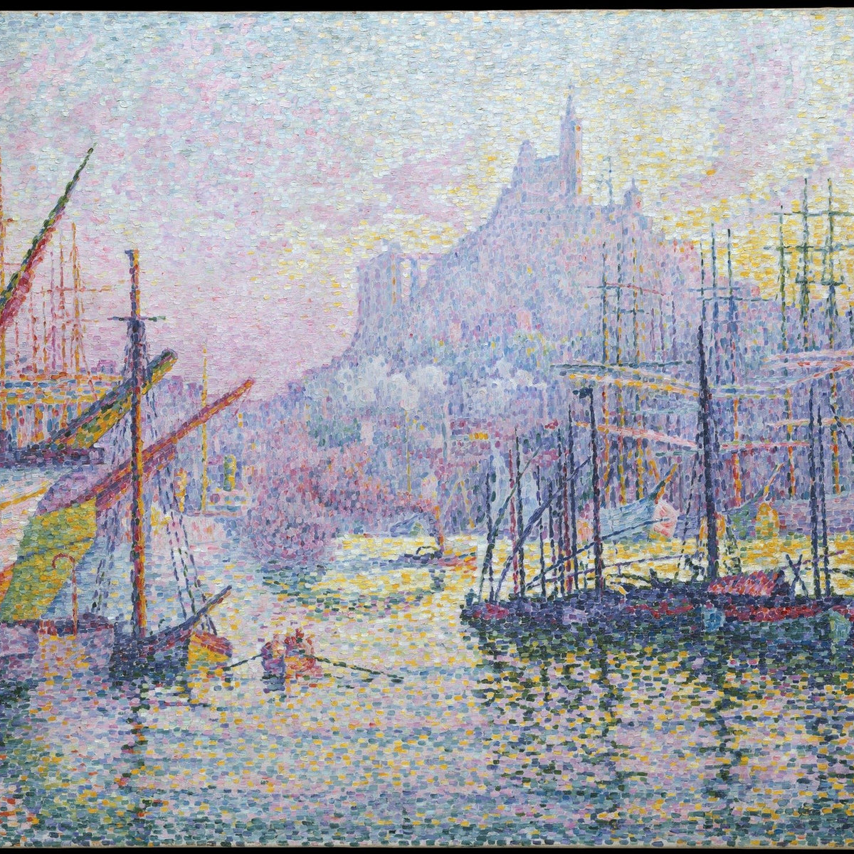 Hand-painted marseille harbor pointillist scene landscape oil painting on canvas