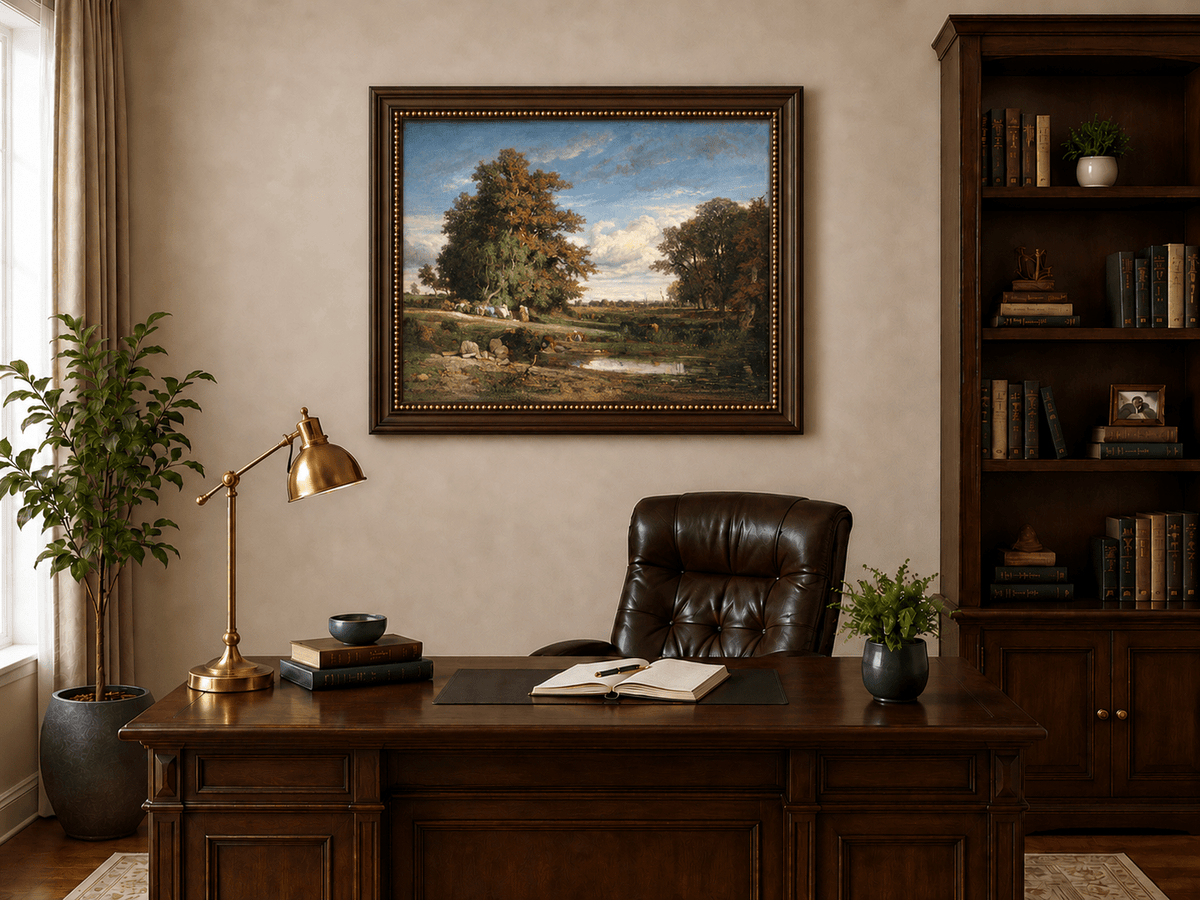 Landscape Oil Painting - Meadow with Trees and Harvest Figures