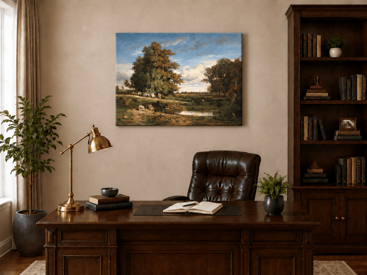 Landscape Oil Painting - Meadow with Trees and Harvest Figures
