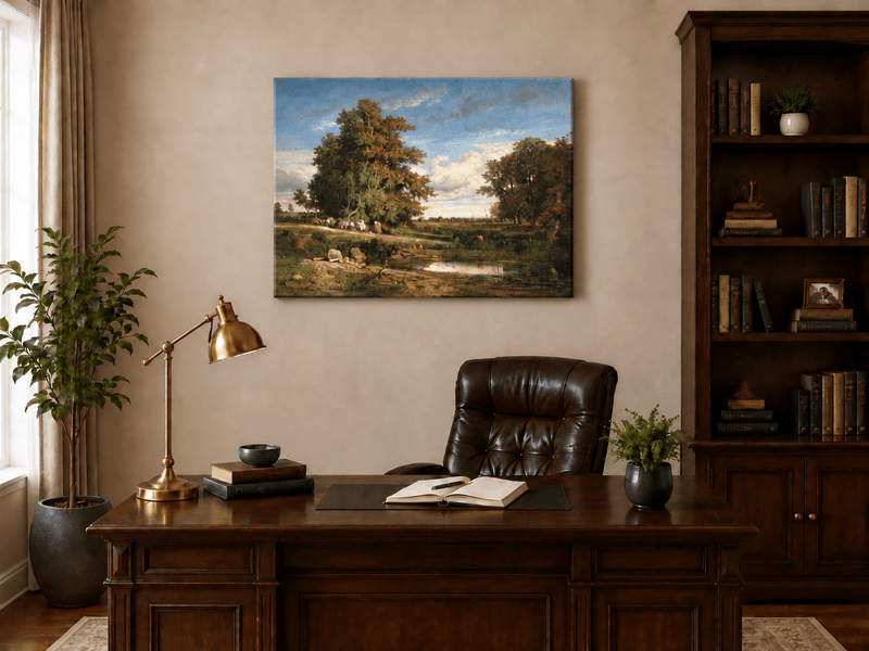 Landscape Oil Painting - Meadow with Trees and Harvest Figures