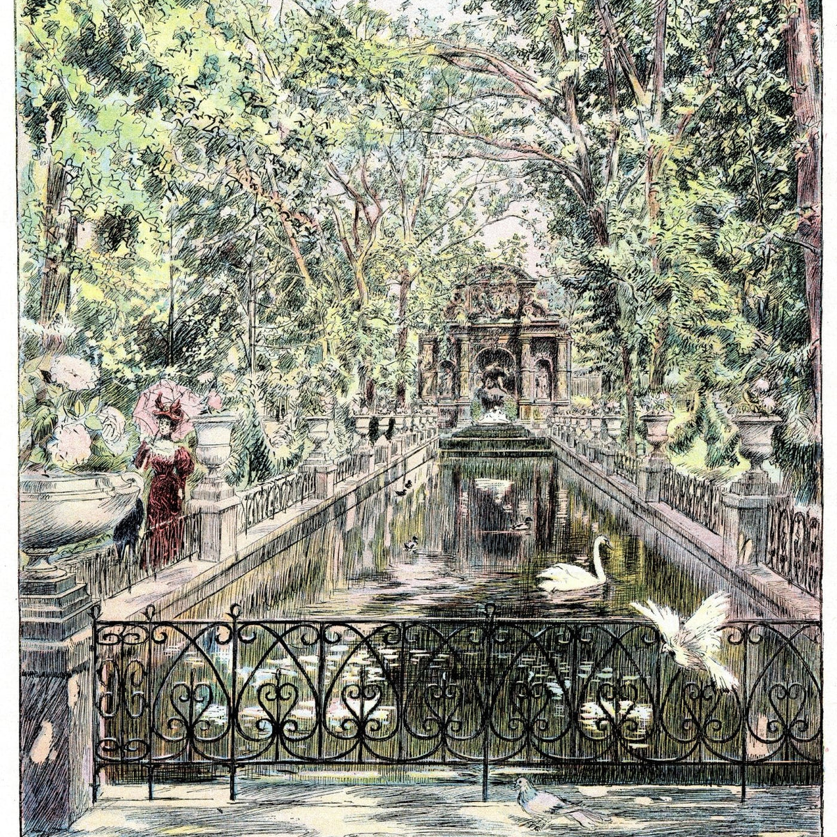 Hand-painted medici fountain garden with swans landscape oil painting on canvas