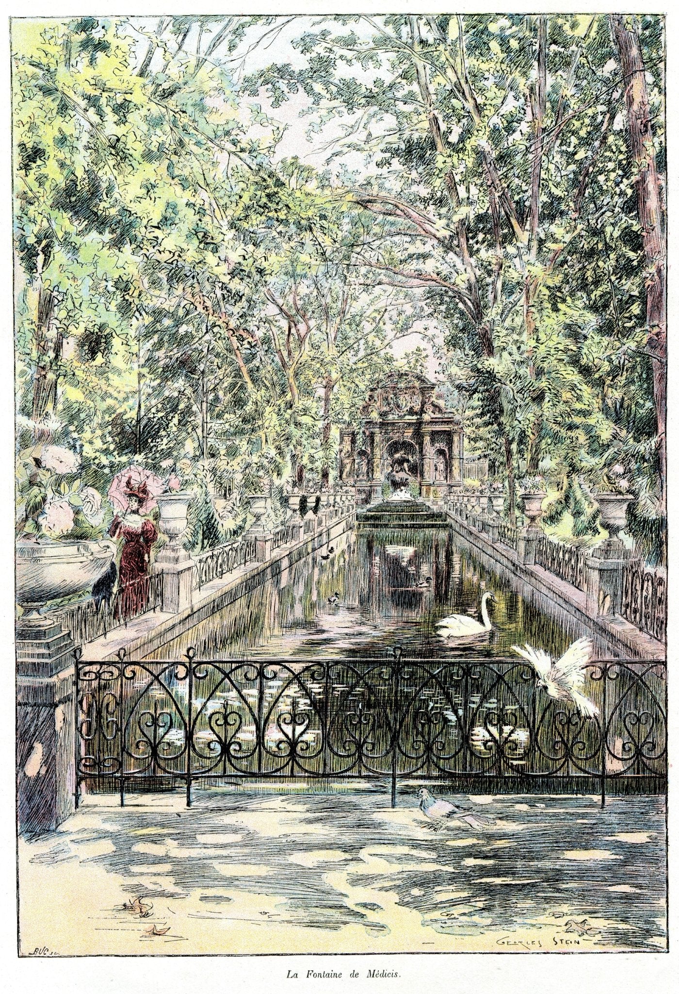 Landscape Oil Painting - Medici Fountain Garden with Swans - Oil Painting Haven