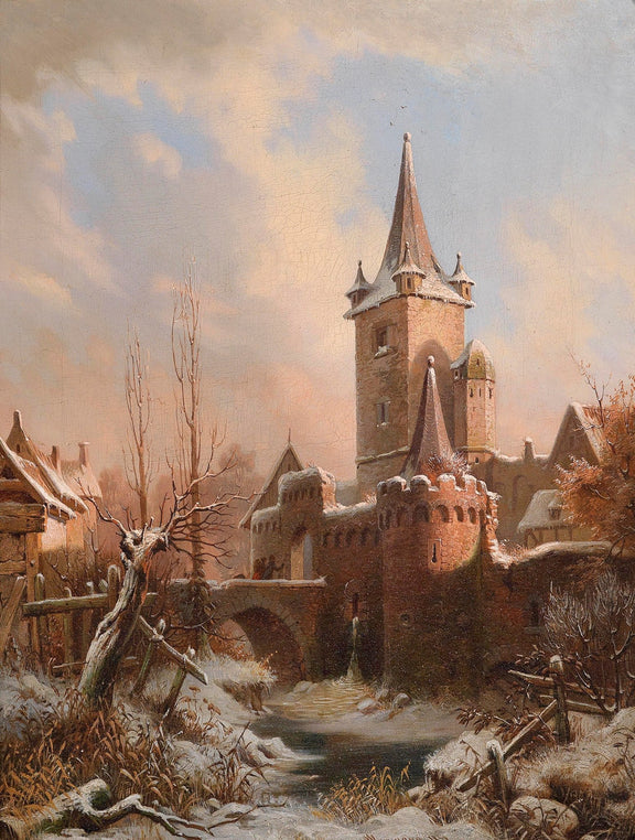 Landscape Oil Painting - Medieval Castle Tower Winter, Snowy Bridge - Oil Painting Haven