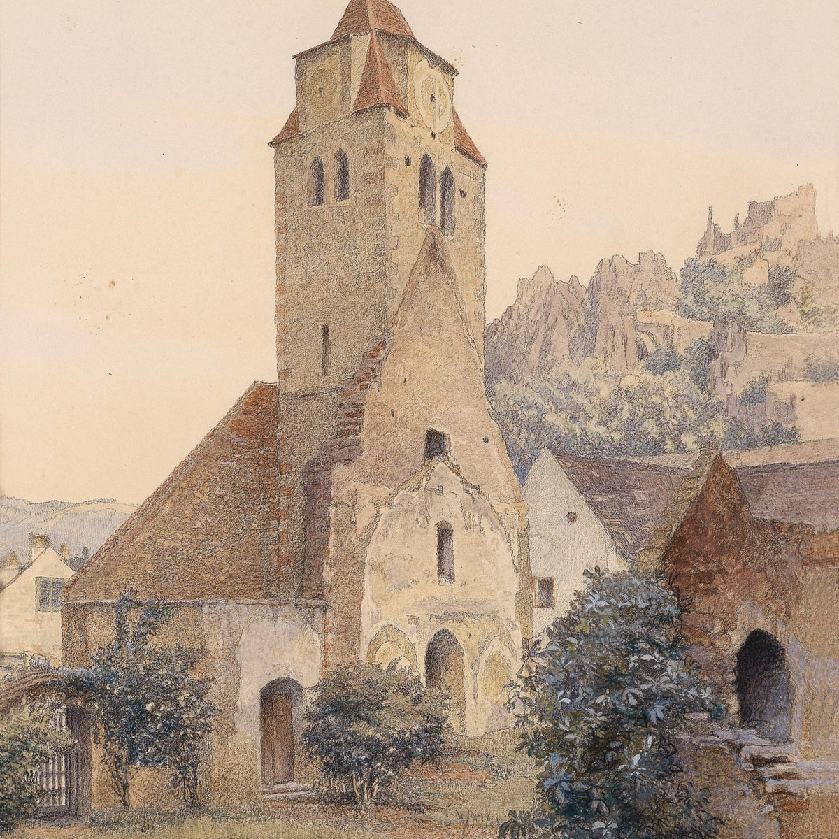 Hand-painted medieval church tower and village view landscape oil painting on canvas