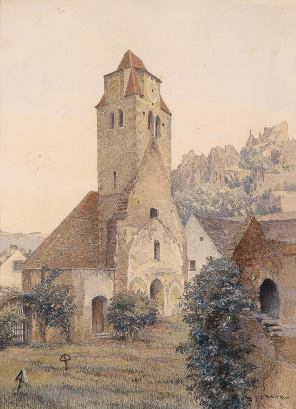 Hand-painted medieval church tower and village view landscape oil painting on canvas