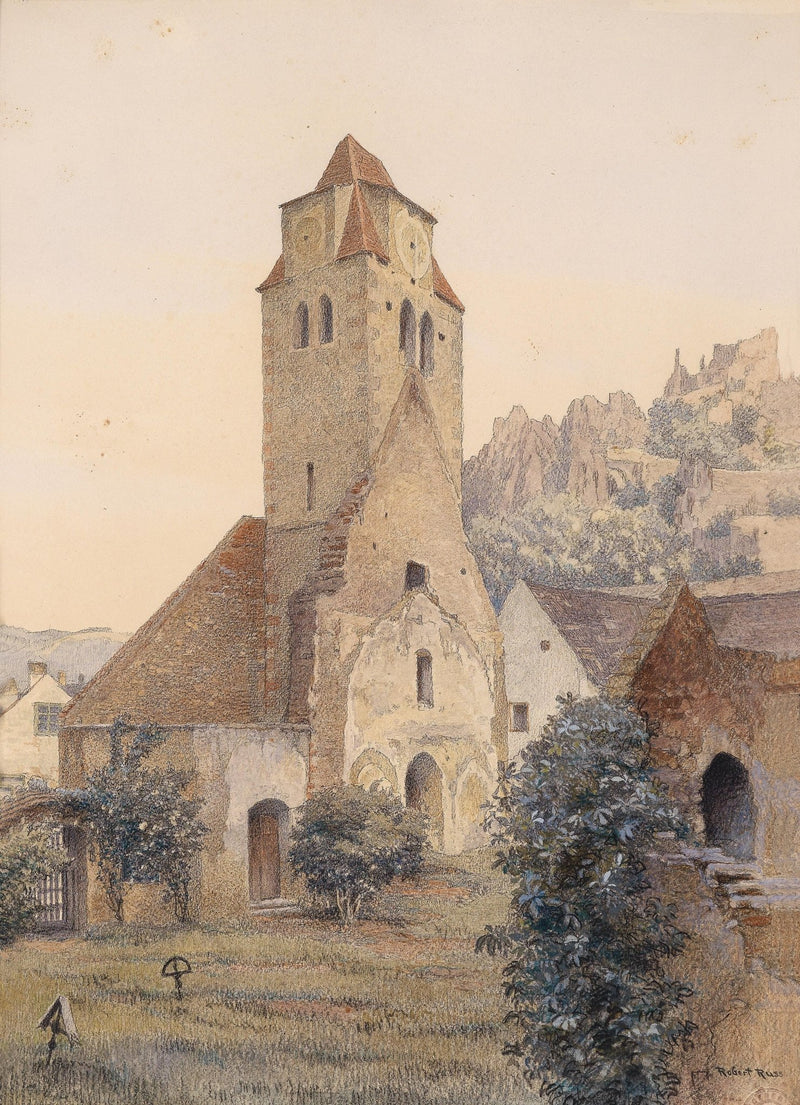 Hand-painted medieval church tower and village view landscape oil painting on canvas