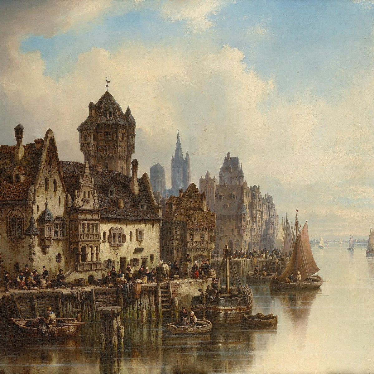 Landscape Oil Painting - Medieval river town & waterfront buildings - Oil Painting Haven