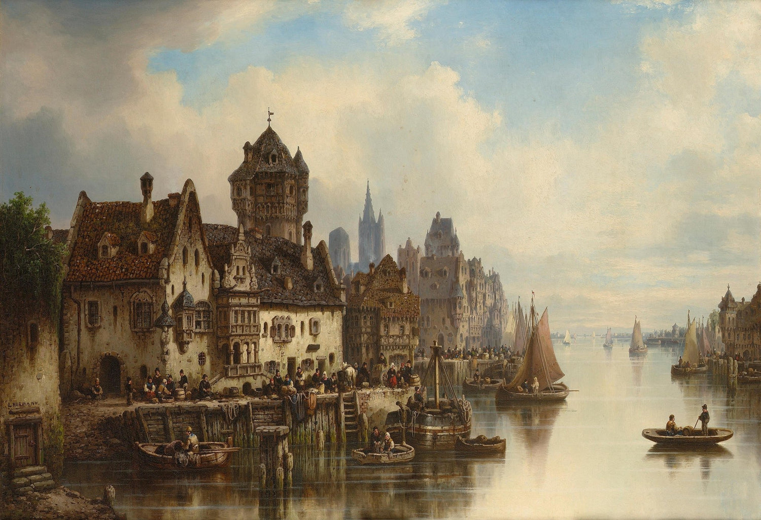 Landscape Oil Painting - Medieval river town & waterfront buildings - Oil Painting Haven