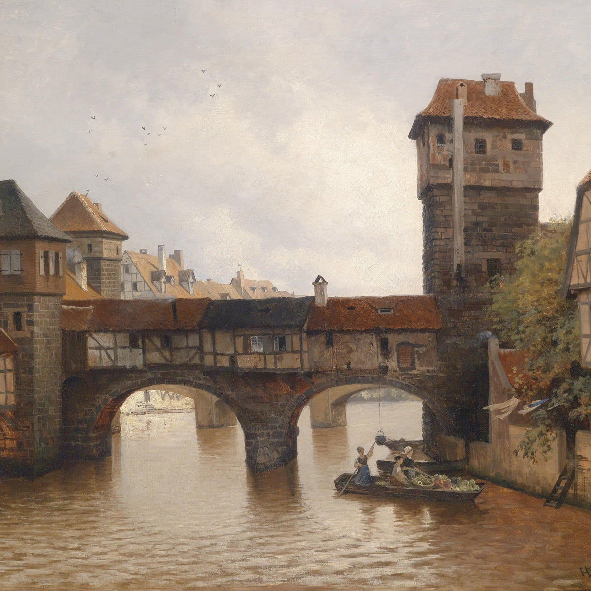 Landscape Oil Painting - Medieval Town Bridge: Tower & River Boat - Oil Painting Haven
