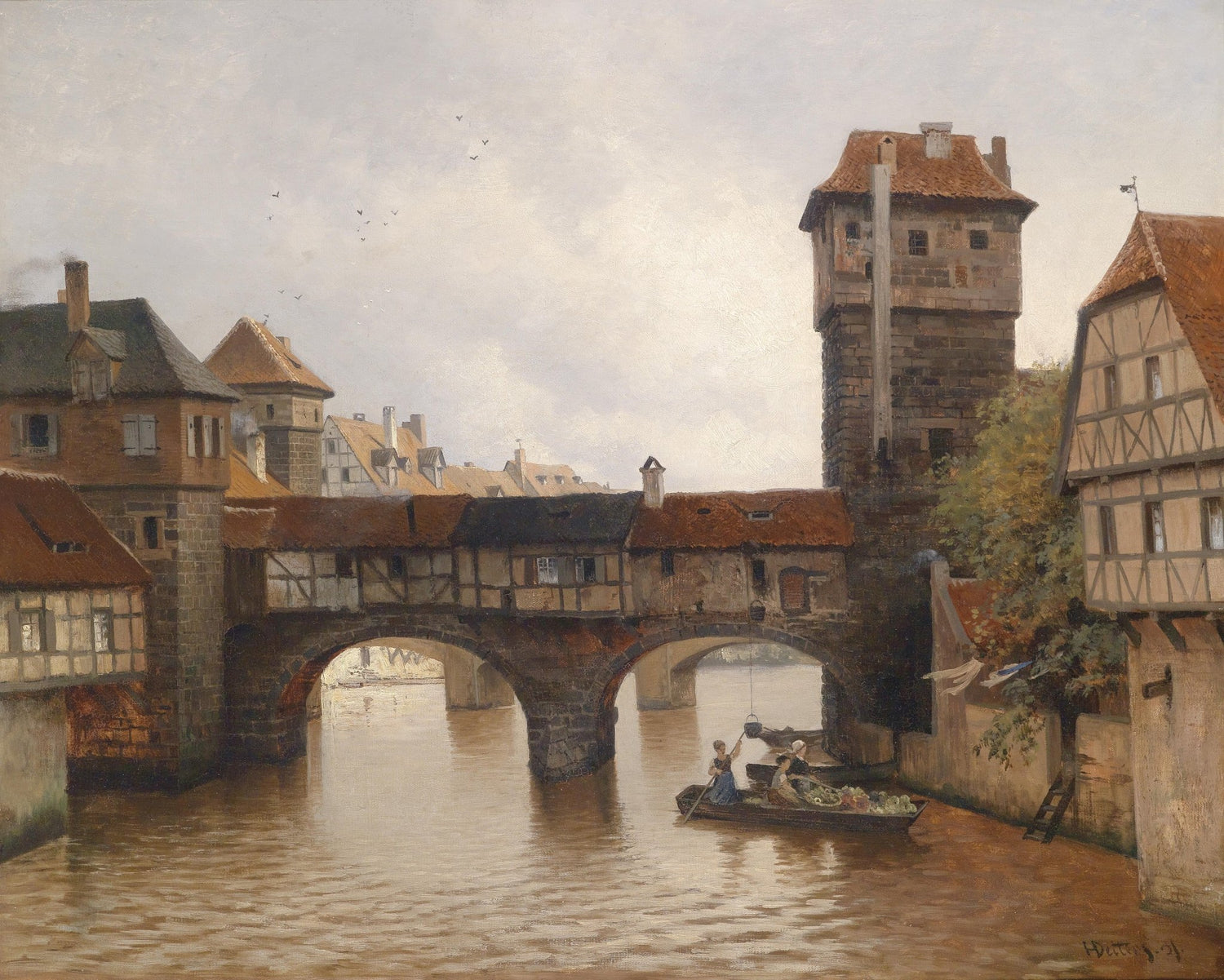 Landscape Oil Painting - Medieval Town Bridge: Tower & River Boat - Oil Painting Haven