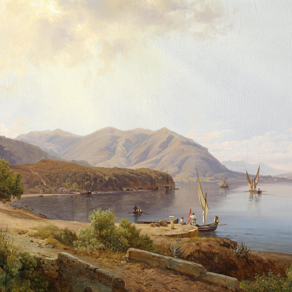 Landscape Oil Painting - Mediterranean Bay & Sailing Ships, Figures - Oil Painting Haven