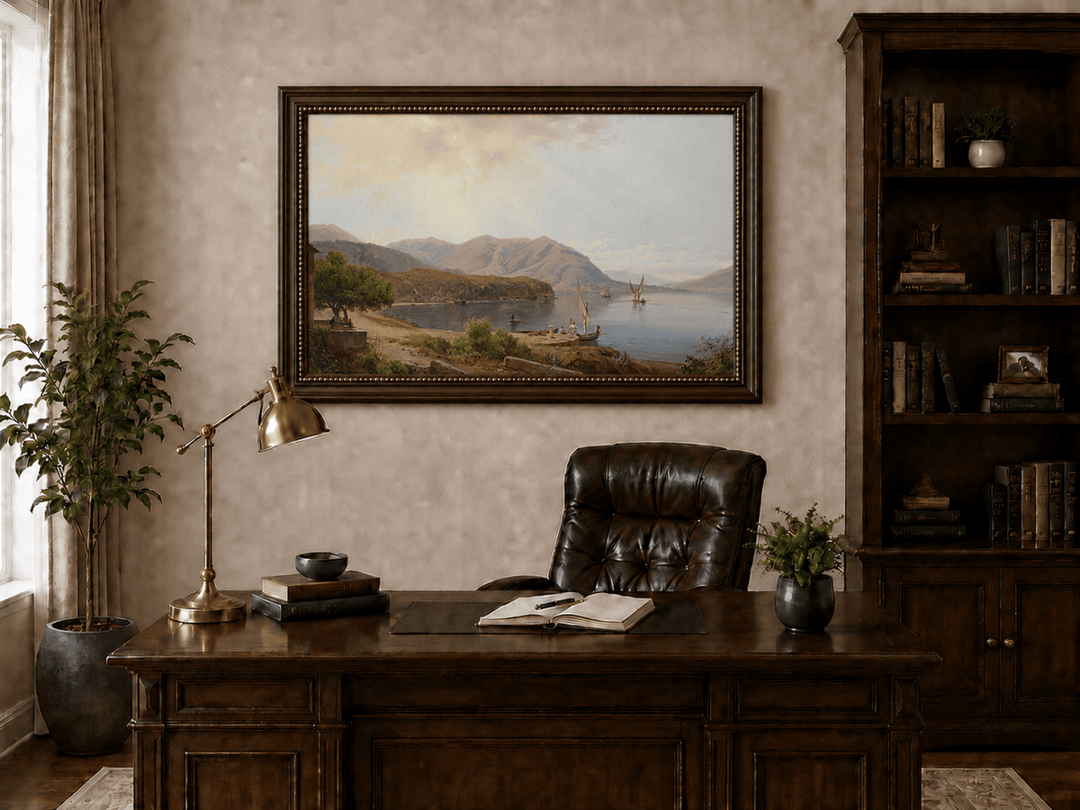 Landscape Oil Painting - Mediterranean Bay & Sailing Ships