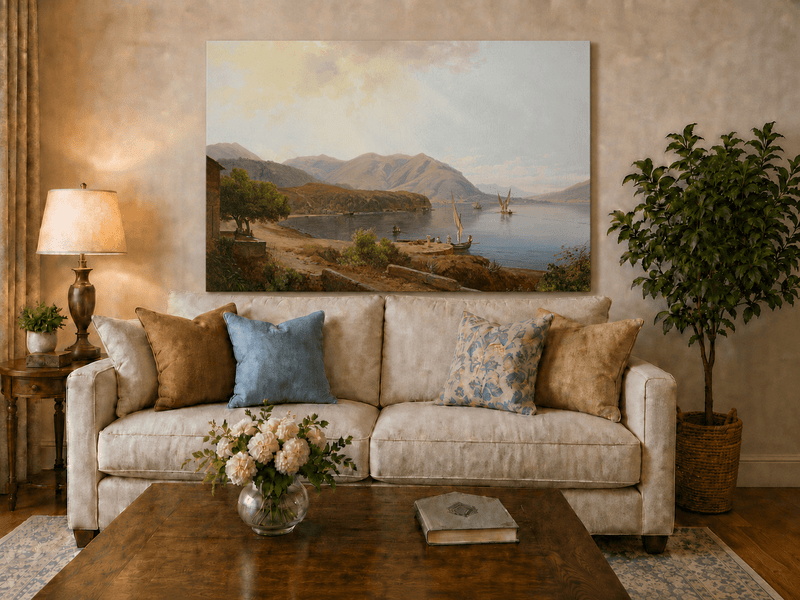 Landscape Oil Painting - Mediterranean Bay & Sailing Ships