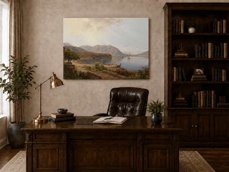 Landscape Oil Painting - Mediterranean Bay & Sailing Ships