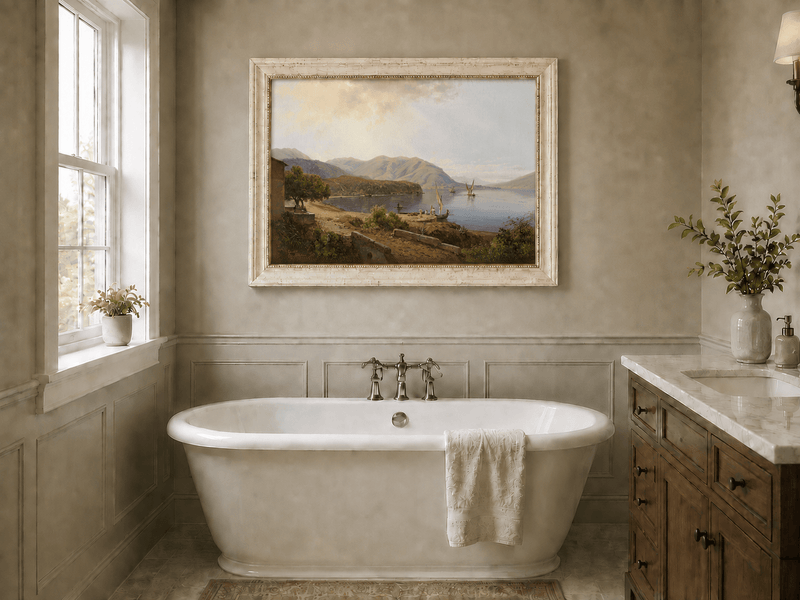 Landscape Oil Painting - Mediterranean Bay & Sailing Ships