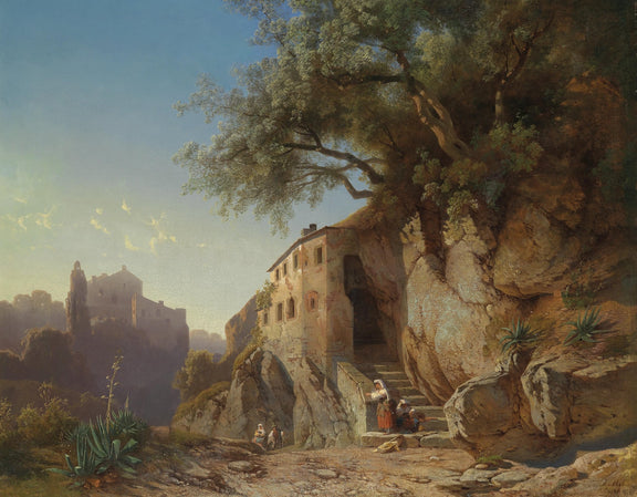 Landscape Oil Painting - Mediterranean Cliff Cottage, Figures & Castle - Oil Painting Haven