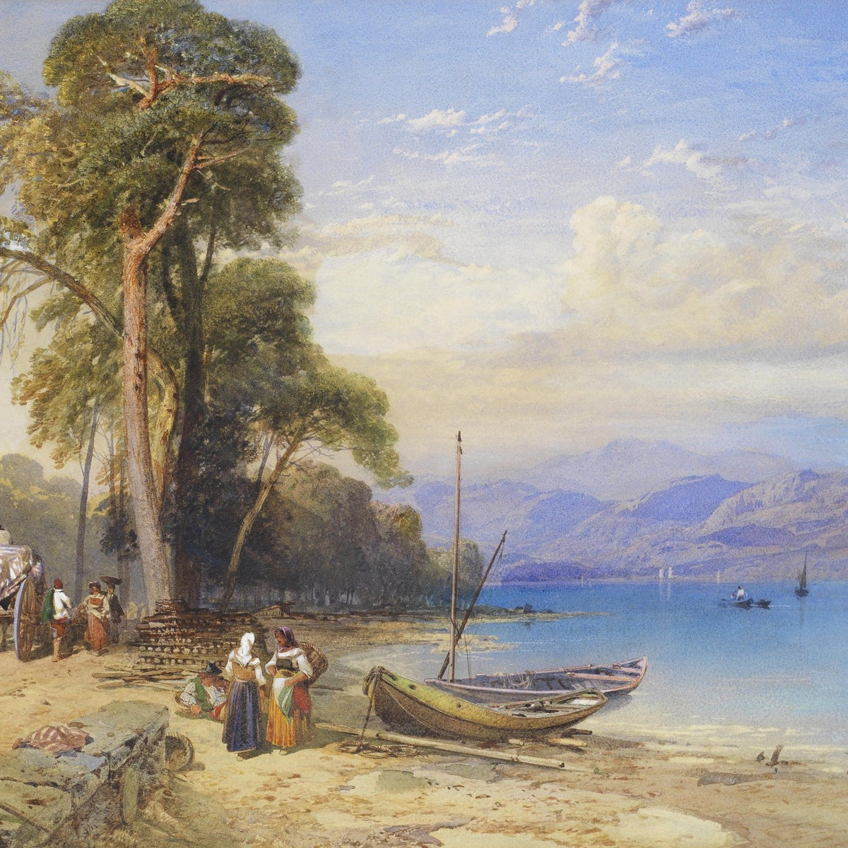 Landscape Oil Painting - Mediterranean coastal beach & boats, figures - Oil Painting Haven