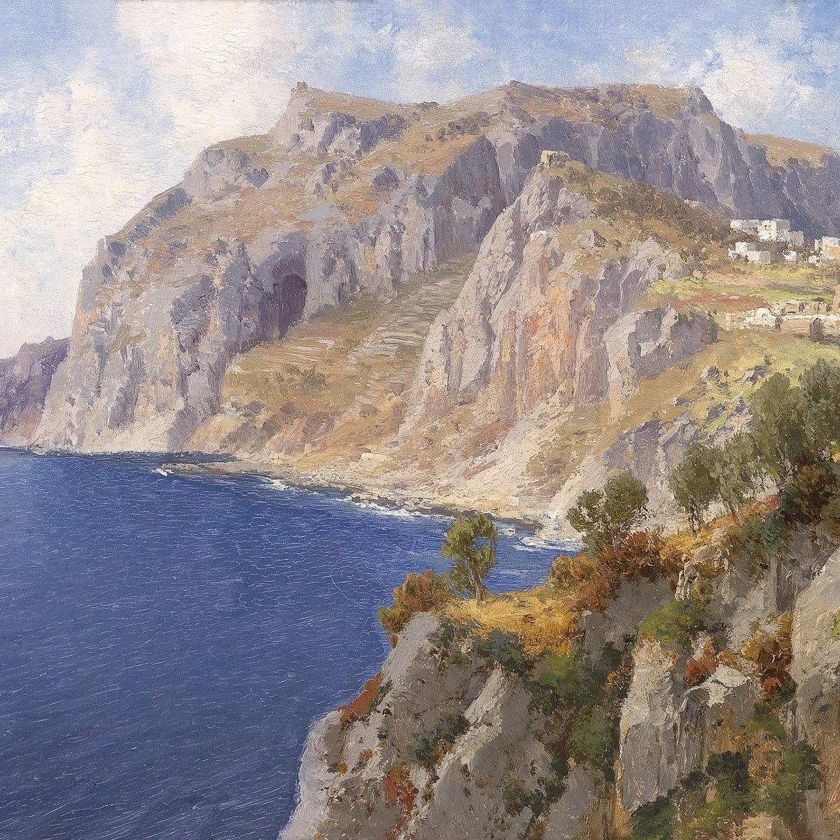 Landscape Oil Painting - Mediterranean Coastal Cliff, Seaside Village - Oil Painting Haven
