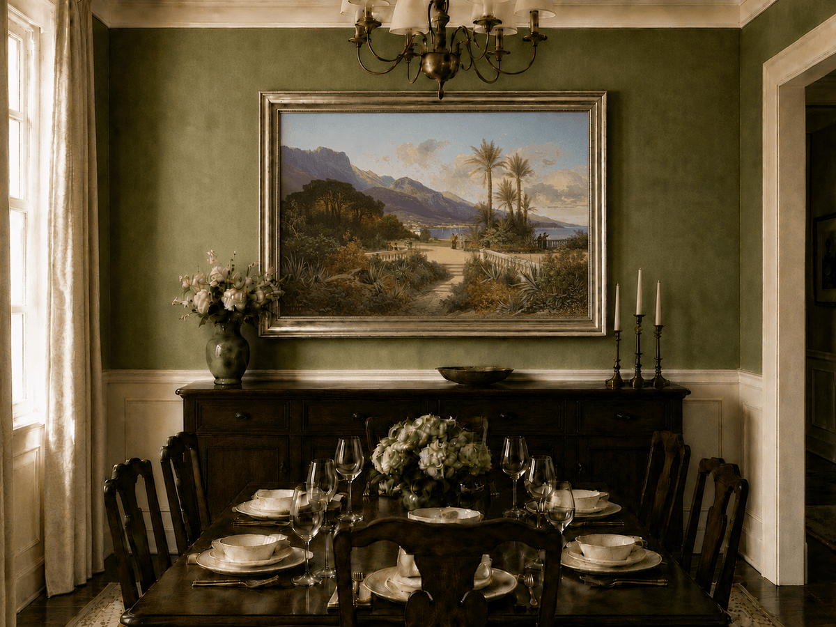 Hand-painted Mediterranean coastal garden with peaks and figures landscape oil painting displayed in a dining room interior.