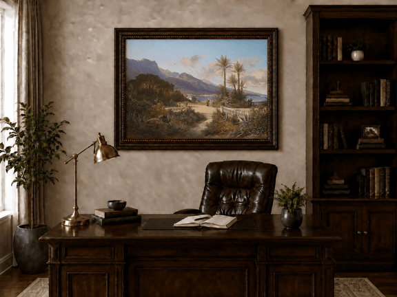 Hand-painted Mediterranean coastal garden with peaks and figures landscape oil painting displayed above a desk in a home office interior.