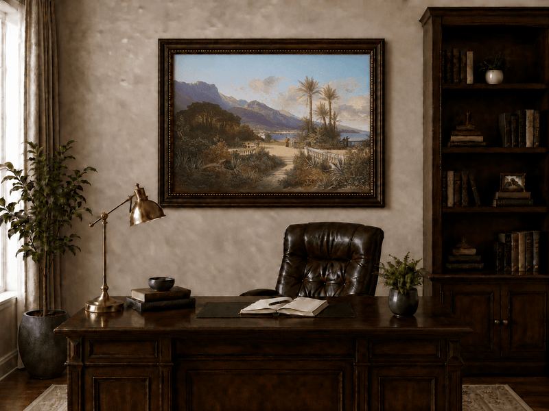 Hand-painted Mediterranean coastal garden with peaks and figures landscape oil painting displayed above a desk in a home office interior.
