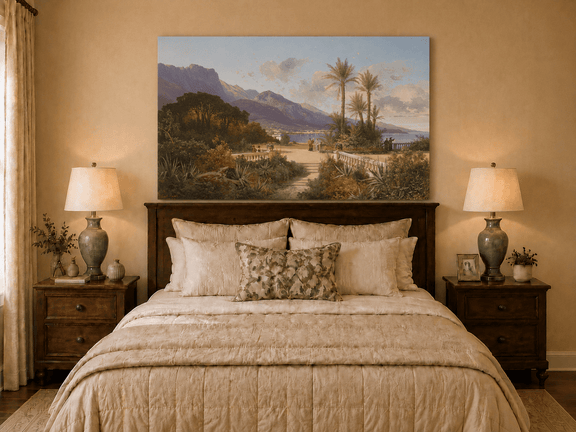 Hand-painted Mediterranean coastal garden with peaks and figures landscape oil painting displayed above a bed in a bedroom interior.