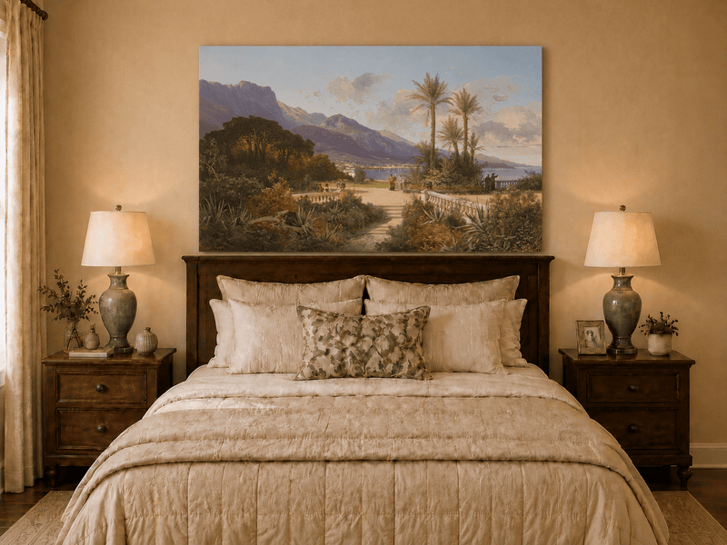 Hand-painted Mediterranean coastal garden with peaks and figures landscape oil painting displayed above a bed in a bedroom interior.
