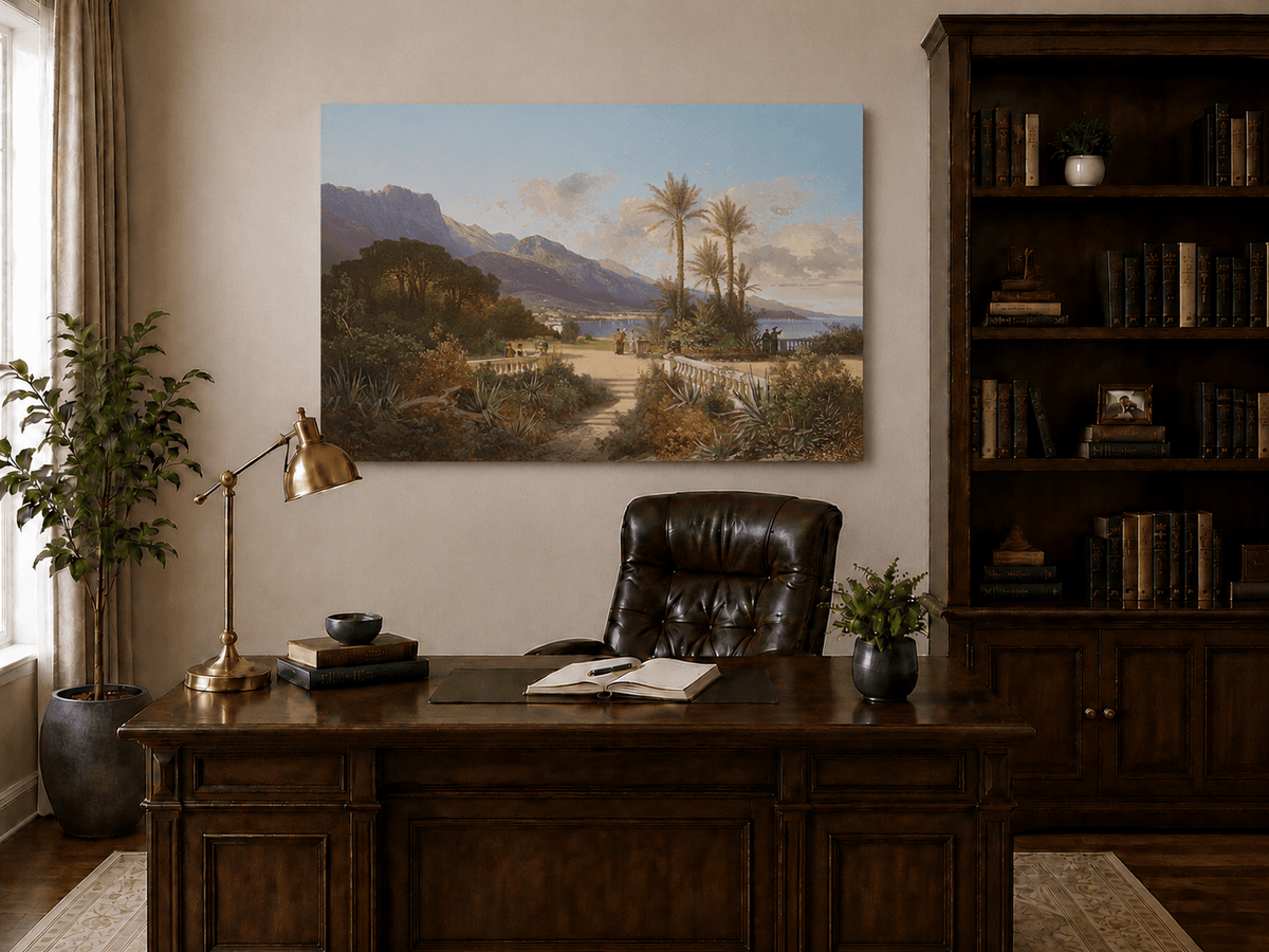 Hand-painted Mediterranean coastal garden with peaks and figures landscape oil painting displayed above a desk in a home office interior.