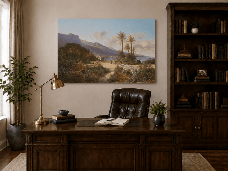 Hand-painted Mediterranean coastal garden with peaks and figures landscape oil painting displayed above a desk in a home office interior.