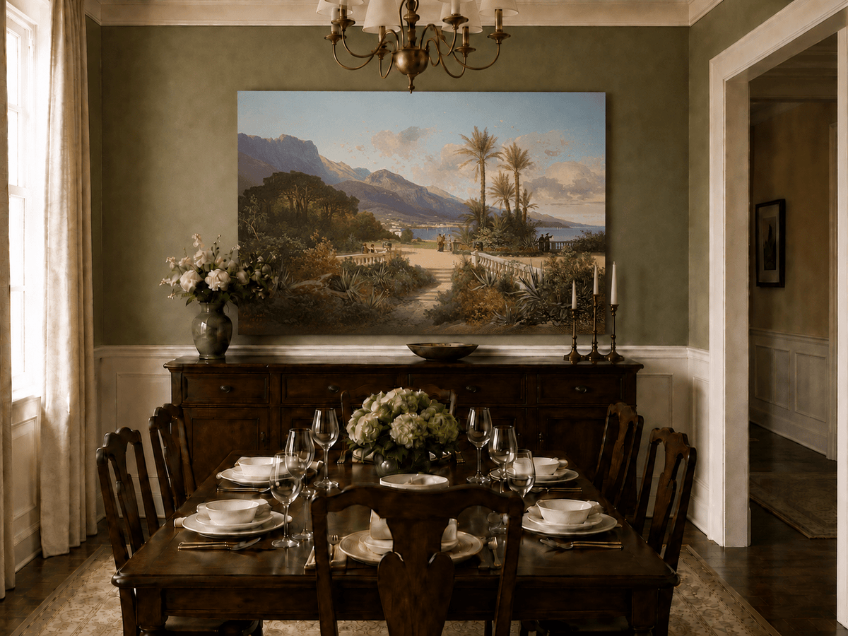 Hand-painted Mediterranean coastal garden with peaks and figures landscape oil painting displayed in a dining room interior.