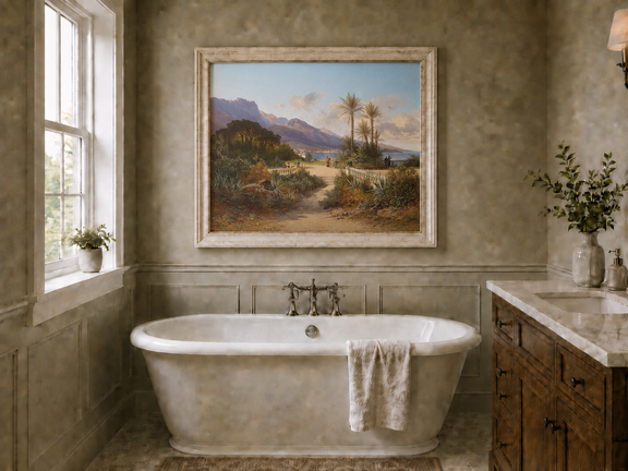Hand-painted Mediterranean coastal garden with peaks and figures landscape oil painting displayed in a bathroom interior above a bathtub.