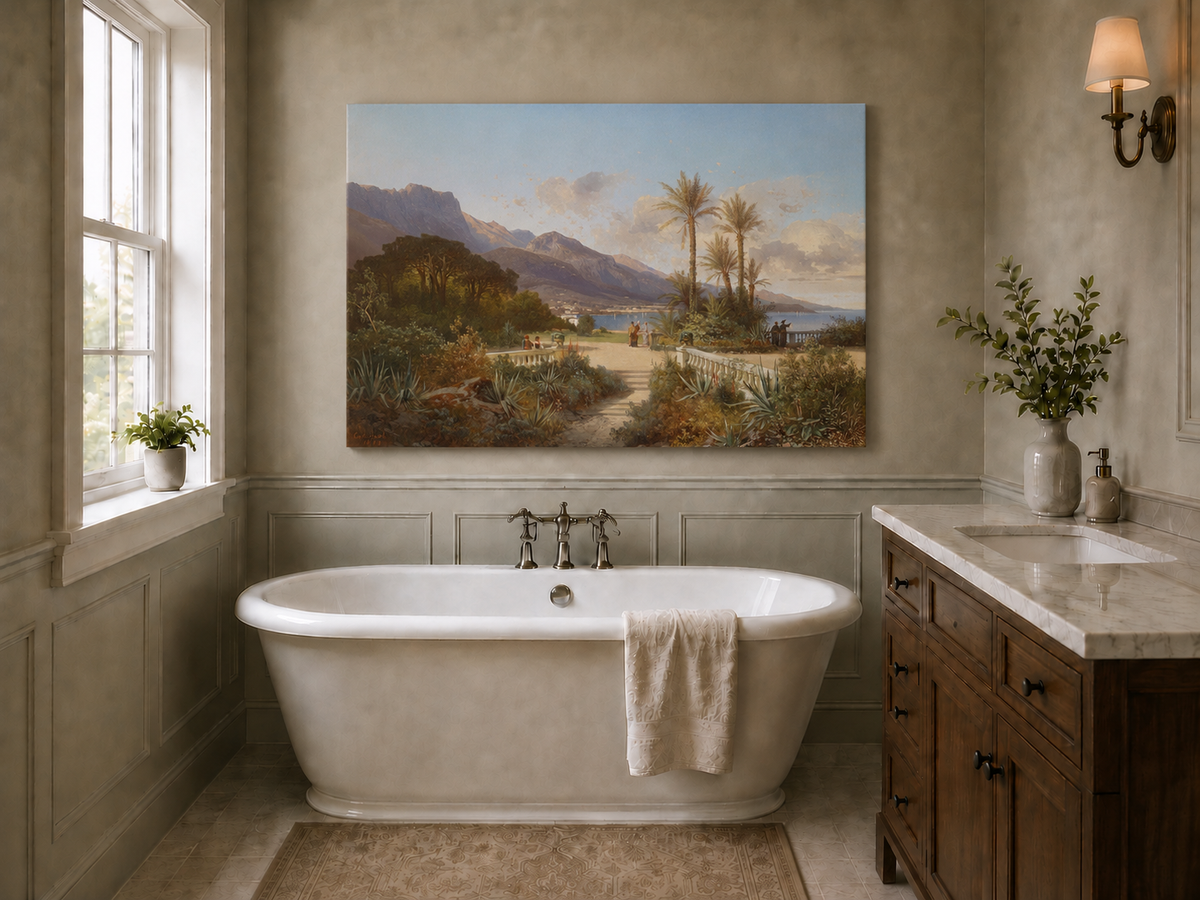 Hand-painted Mediterranean coastal garden with peaks and figures landscape oil painting displayed in a bathroom interior above a bathtub.