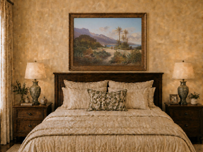 Hand-painted Mediterranean coastal garden with peaks and figures landscape oil painting displayed above a bed in a bedroom interior.