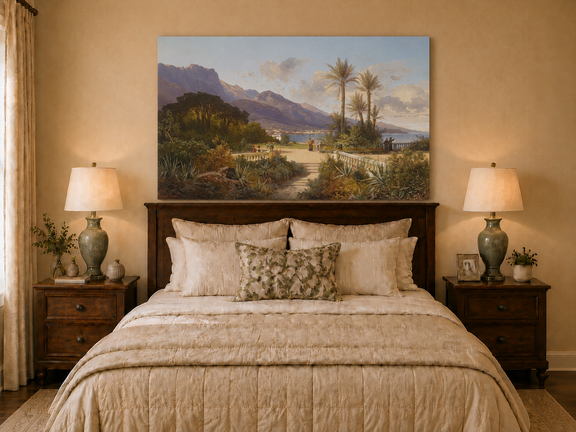Hand-painted Mediterranean coastal garden with peaks and figures landscape oil painting displayed above a bed in a bedroom interior.