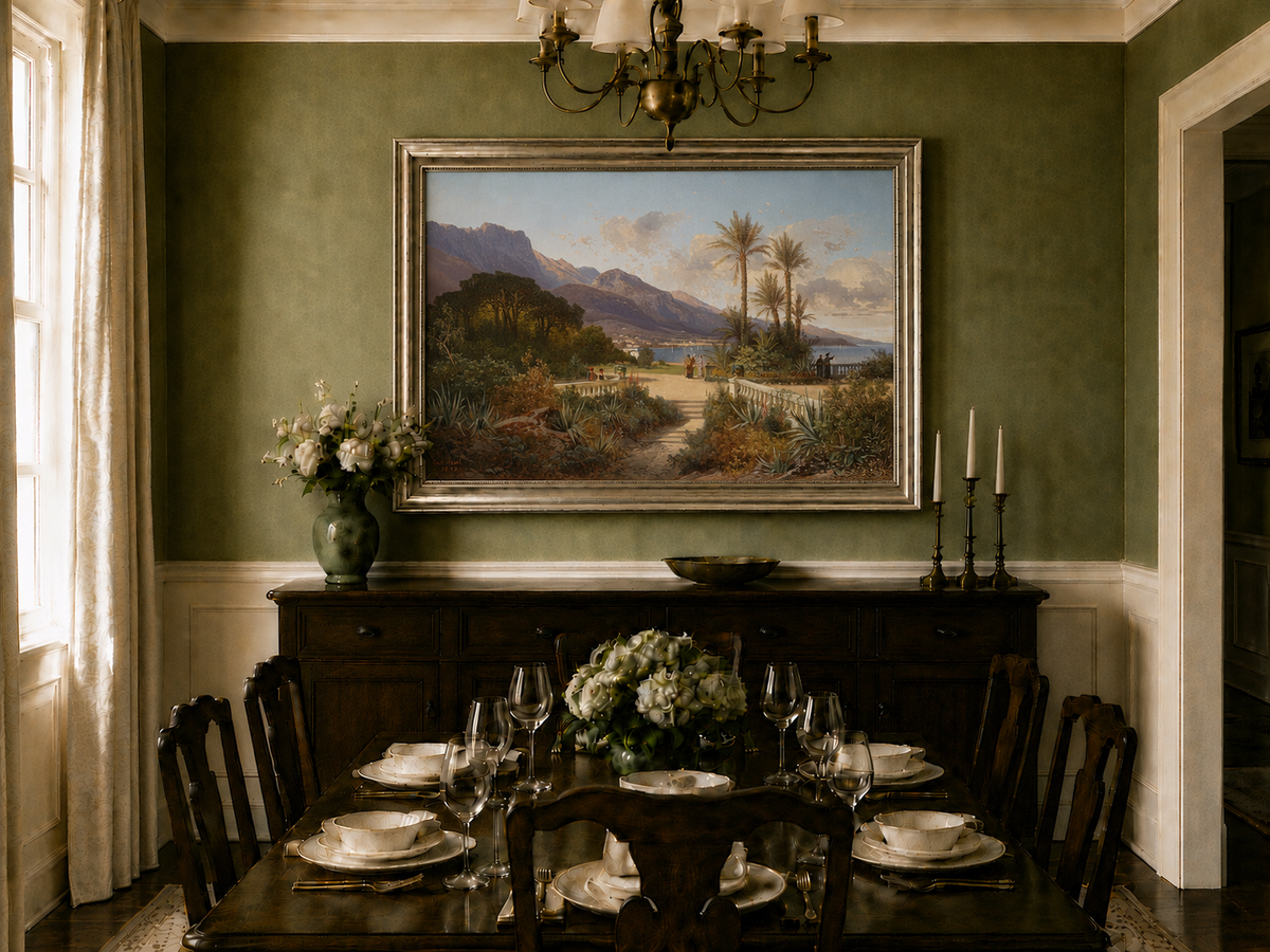 Hand-painted Mediterranean coastal garden with peaks and figures landscape oil painting displayed in a dining room interior.